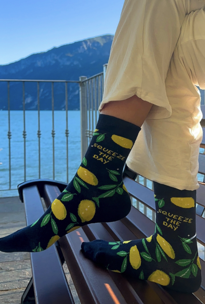 Socks with lemons and inscription SQUEEZE THE DAY