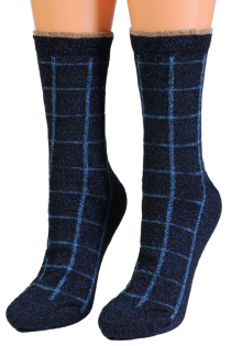 Хлопковые носки синего цвета с блеском и узором в клеточку HEAVEN | Sokisahtel