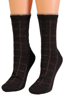 Хлопковые носки коричневого цвета с блеском и узором в клеточку HEAVEN | Sokisahtel