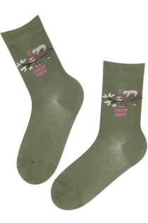 Хлопковые носки серовато-зелёного цвета с ленивцами на День матери PARIM EMPS | Sokisahtel