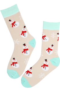 Cotton socks featuring snowman and snowflake patterns with pale turquoise accents.