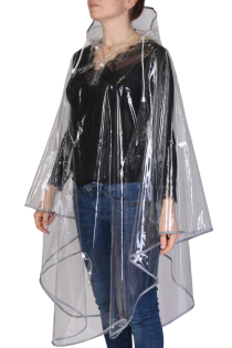 Clear reusable rain poncho with hood. Made from waterproof material, ideal for rainy days. Hip-length with a roomy cut.