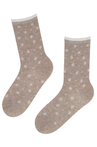 Женские хлопковые носки бежевого цвета с блестящей кромкой и изображением снежинок ANGEL | Sokisahtel