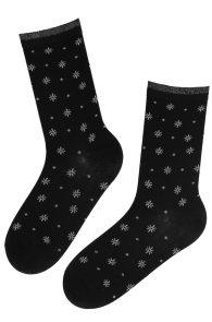 Женские хлопковые носки чёрного цвета с блестящей кромкой и изображением снежинок ANGEL | Sokisahtel