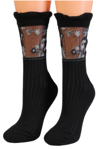 Хлопковые носки чёрного цвета с цветочным узором и прозрачной вставкой ASHER | Sokisahtel