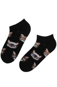 Укороченные хлопковые носки чёрного цвета с узором в виде серьёзных котов в очках CAT BOY | Sokisahtel