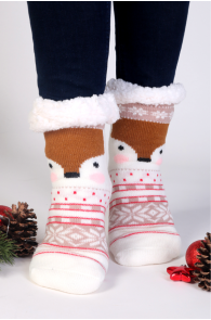 Теплые домашние носки белого цвета с изображением милых лисичек и нескользящей подошвой LILLY | Sokisahtel