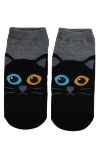 Укороченные хлопковые носки серого цвета с узором в виде чёрной кошки с гетерохромией DIAMOND EYE | Sokisahtel