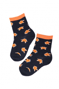 Dark-blue children's merino wool socks with orange fox print.