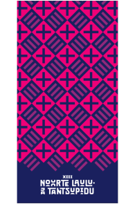 Пляжное полотенце розово-синего цвета из микрофибры с символикой молодёжного праздника песни и танца 2023 PÜHA ON MAA | Sokisahtel