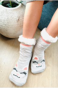 Тёплые домашние носки серого цвета с очаровательными кошачьими мордочками MINNA | Sokisahtel