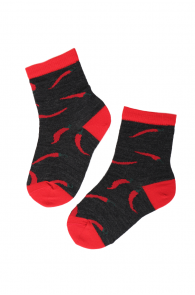 Black merino wool socks for children with red chili pepper patterns