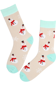 Cotton socks featuring snowman and snowflake patterns with pale turquoise accents.